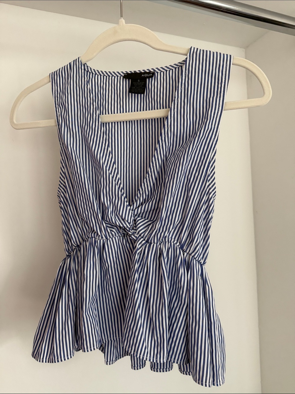 Aqua Navy and White Striped Twist-Front Peplum Top